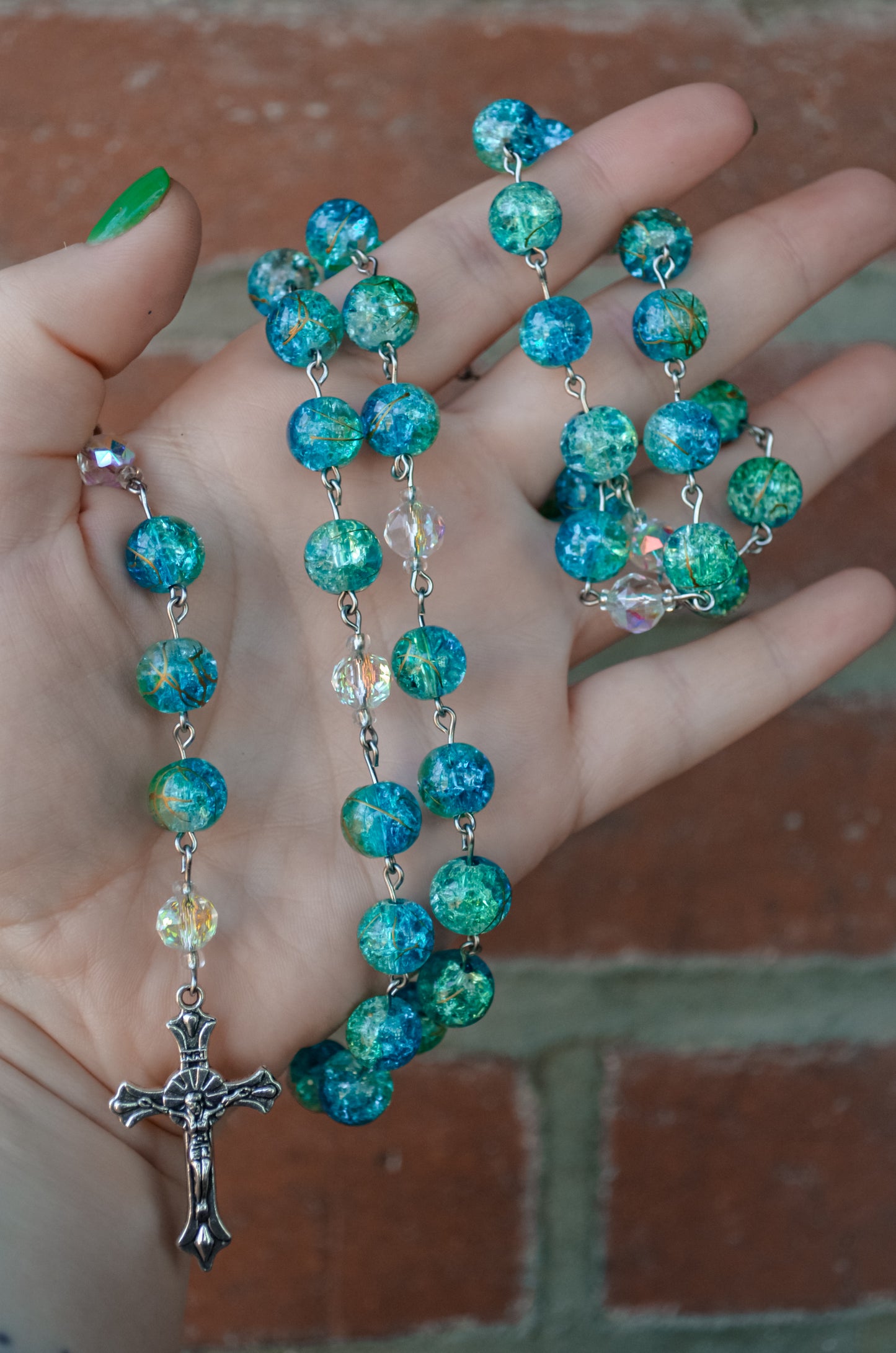 Handmade Blue Crackle Quartz and Swarovski Crystal Rosary