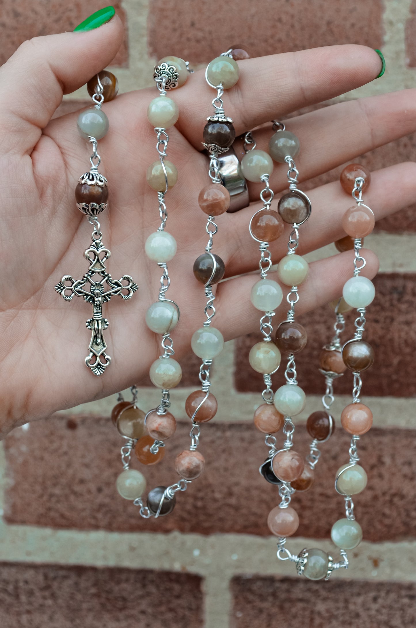 Handmade Champagne Moonstone And Swarovski Pearl Wire Wrapped Blessed Mother Rosary