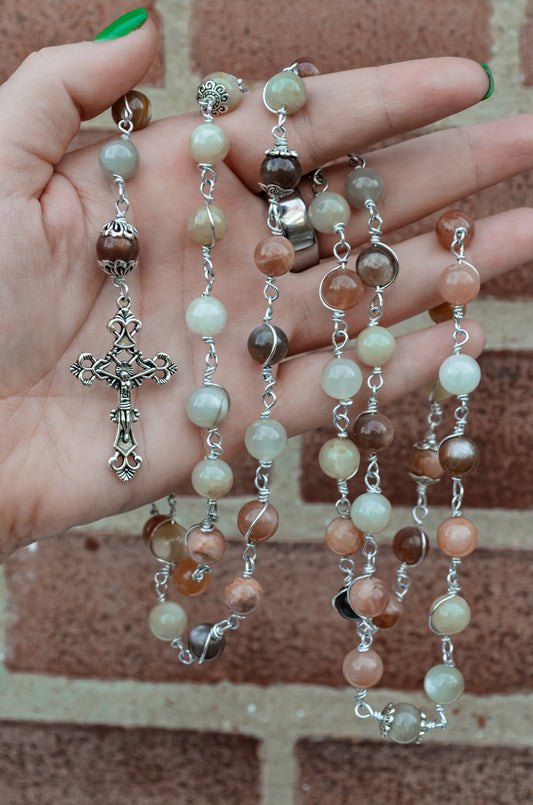 Handmade Champagne Moonstone And Swarovski Pearl Wire Wrapped Blessed Mother Rosary
