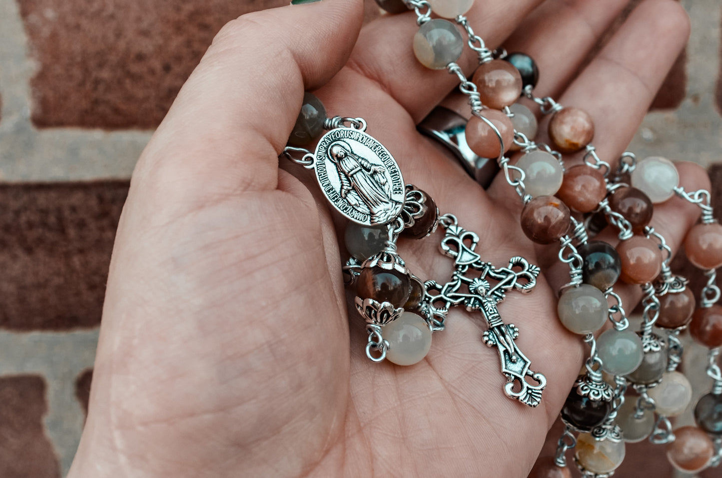 Handmade Champagne Moonstone And Swarovski Pearl Wire Wrapped Blessed Mother Rosary