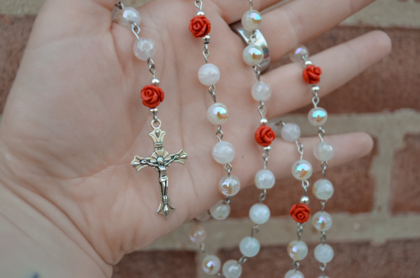 Handmade Aura Quartz and Red Rose St Therese Rosary