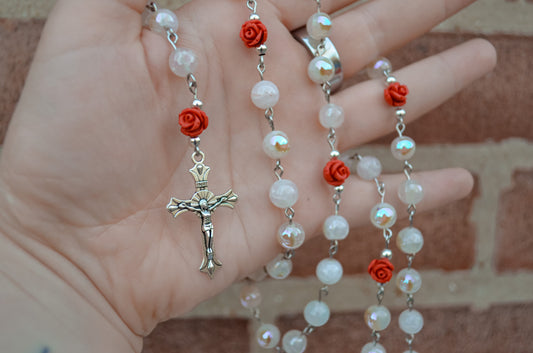 Handmade Aura Quartz and Red Rose St Therese Rosary