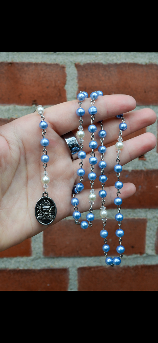 Handmade Pale Blue and White Swarovski Pearl Rosary