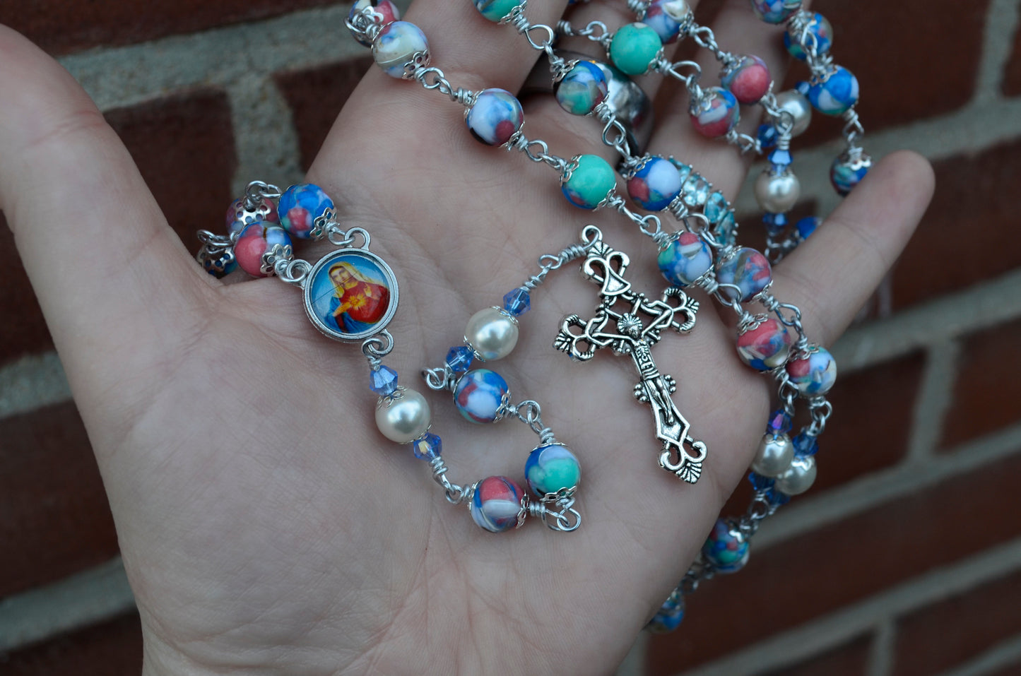 Handmade Shell Beaded Wire Wrapped Immaculate Heart of Mary Rosary