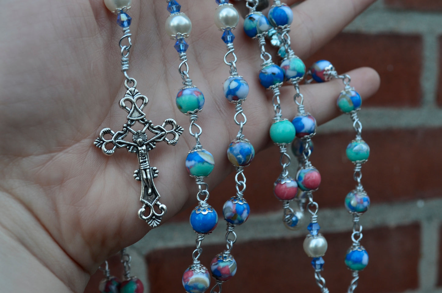 Handmade Shell Beaded Wire Wrapped Immaculate Heart of Mary Rosary