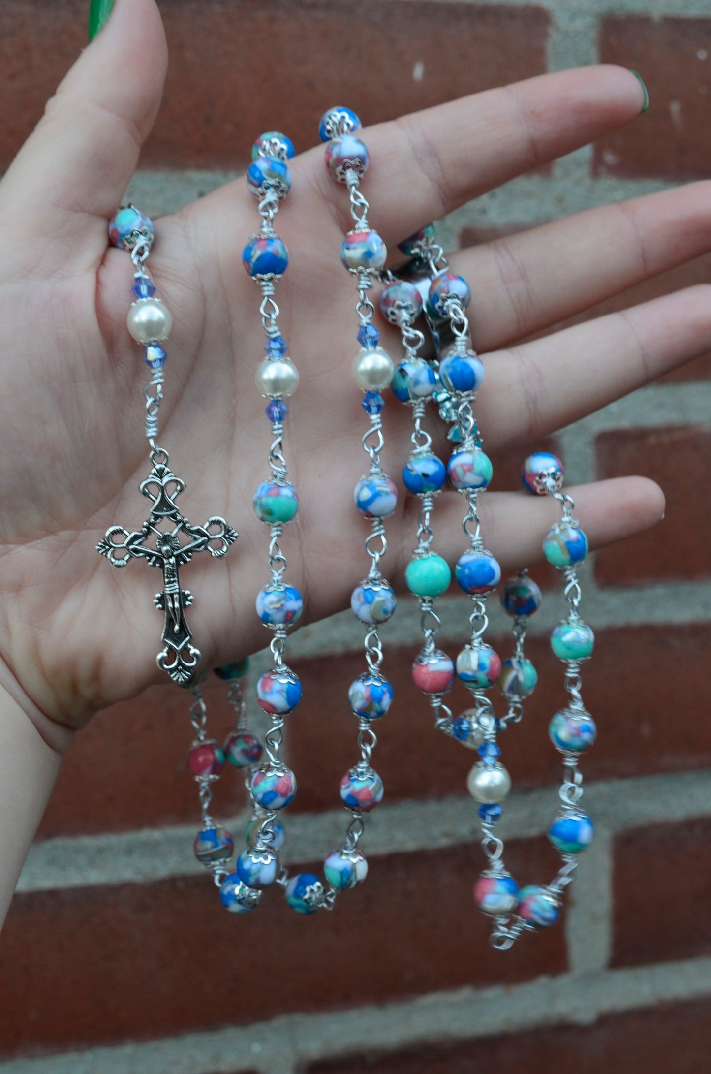 Handmade Shell Beaded Wire Wrapped Immaculate Heart of Mary Rosary