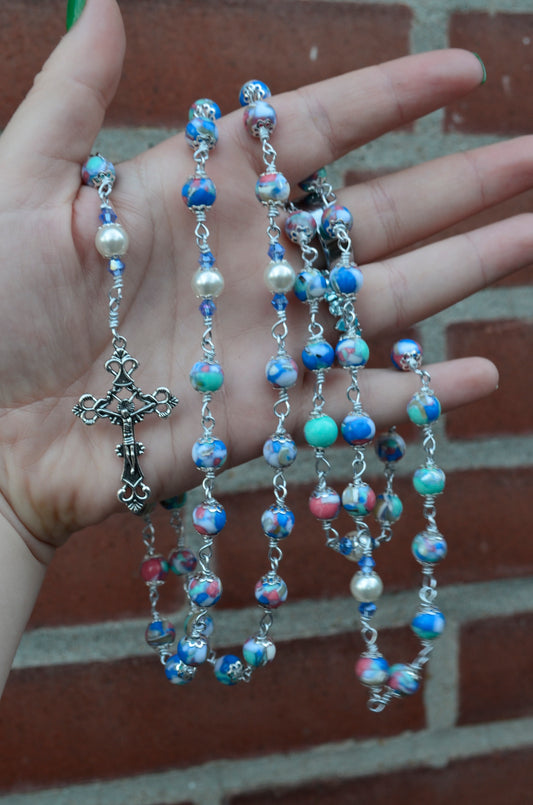Handmade Shell Beaded Wire Wrapped Immaculate Heart of Mary Rosary