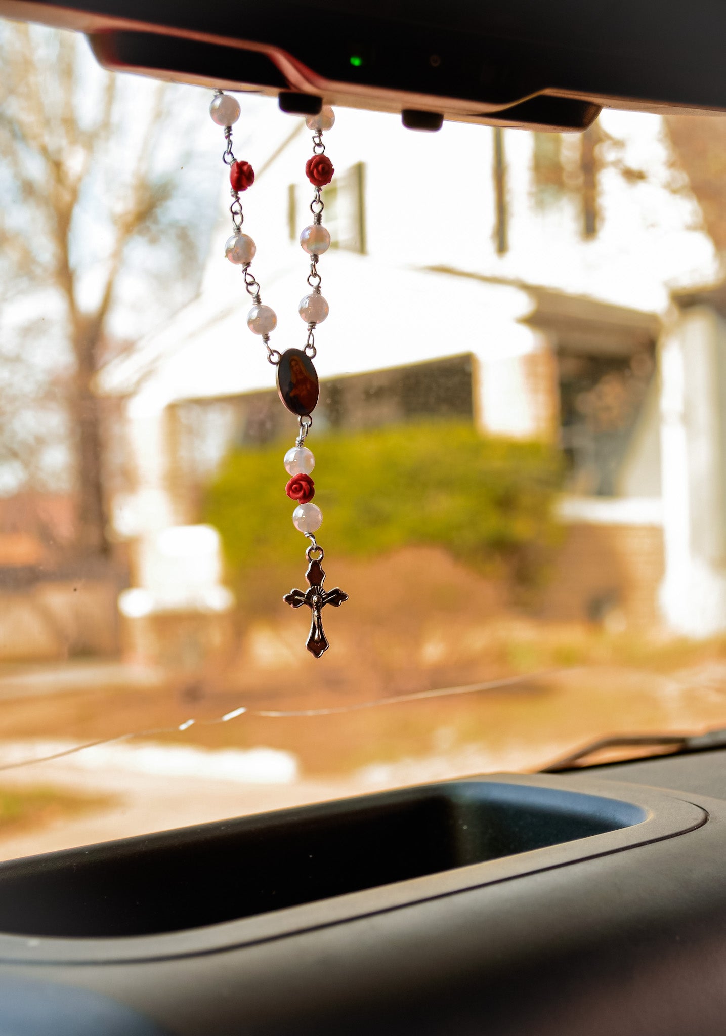 Handmade Rearview Mirror Rosary with St Benedict Medal