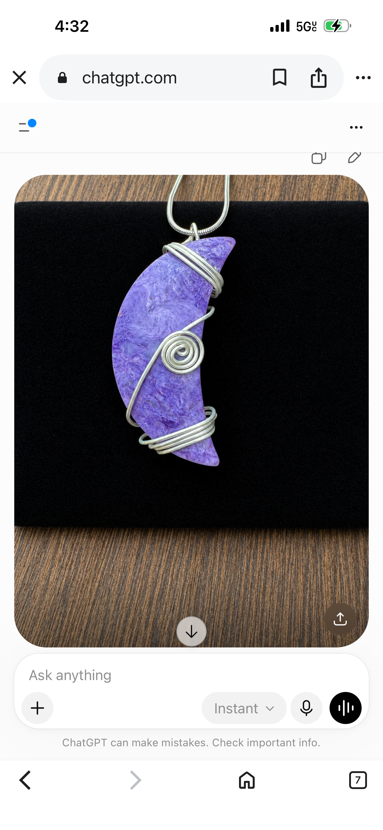 Wire Wrapped Natural Charoite Moon Pendant