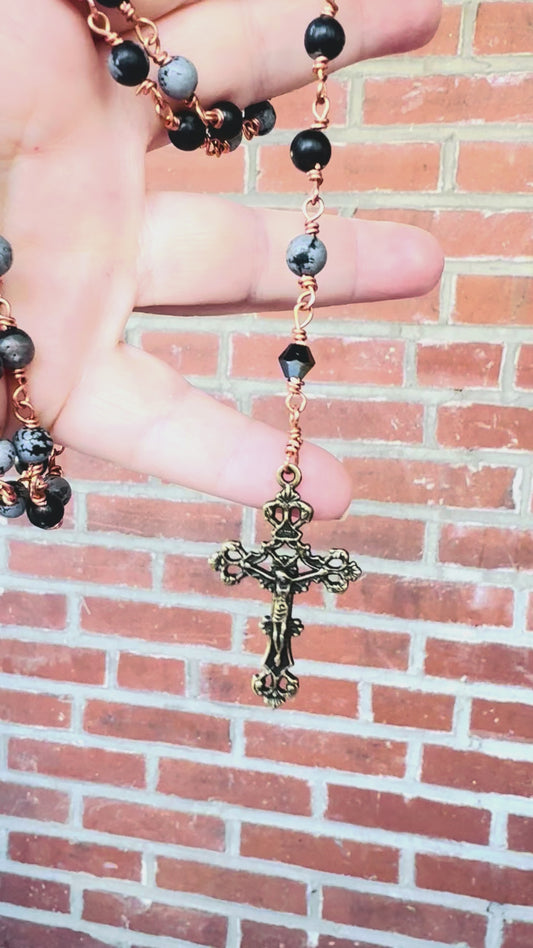 Handmade Snowflake Obsidian and Black Aura Swarovski Copper Sire Wrapped Rosary