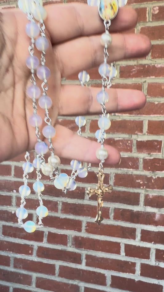 Handmade Opalite and Swarovski Pearl Holy Family Rosary