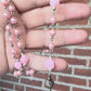 Handmade Pink Swarovski Pearls and Pink Roses- Sacred Heart Rosary