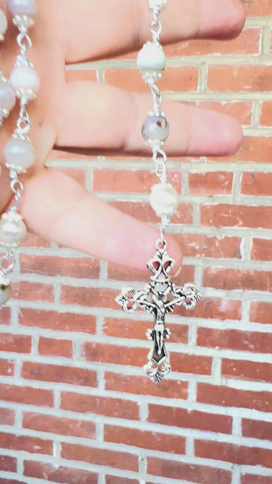 Handmade Botswana Agate and Swarovski Pearl Wire Wrapped, Blessed Mother Rosary