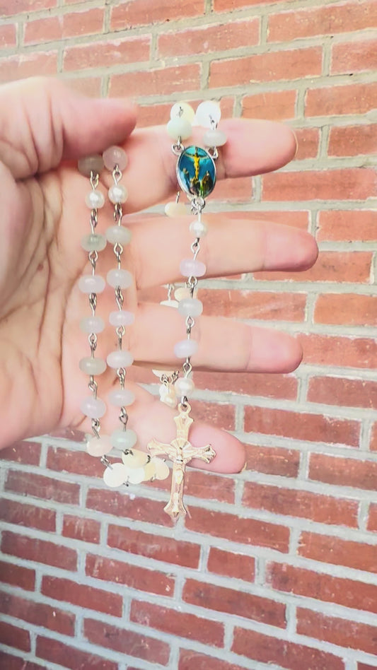 Handmade Natural Jade and Swarovski Pearl Rosary Crucifixation Centerpiece