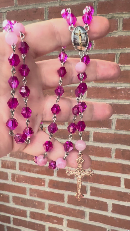 Handmade Fuchsia Faceted Austrian Crystal and Pink Tourmaline Bead Rosary
