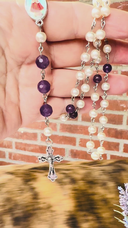 Handmade Amethyst and Swarovski Pearl Rosary