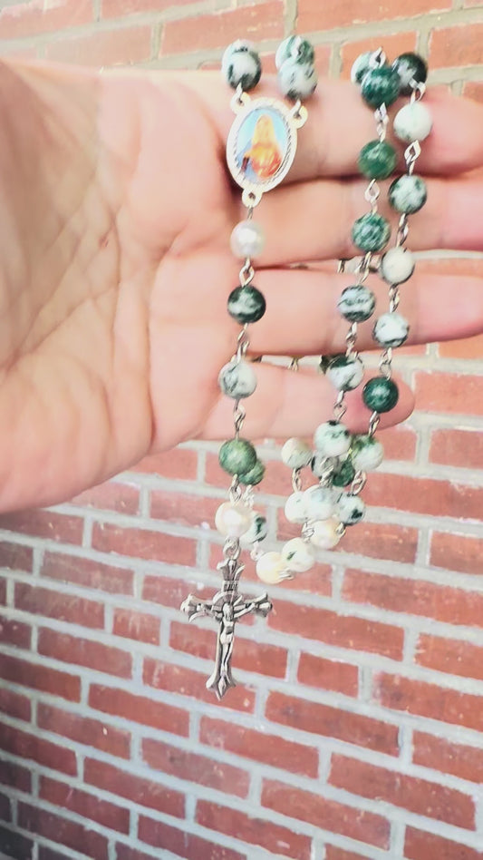 Handmade Moss Agate and Swarovski Pearl Rosary