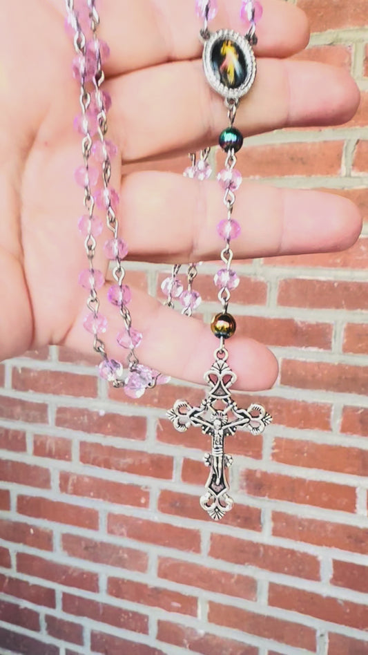 Handmade Rainbow Aura Quartz and Swarovski Pearl Blessed Mother  Rosary