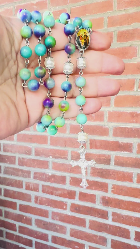 Handmade Colorful Agate and Swarovski Crystal Traditional Link Holy Family Rosary
