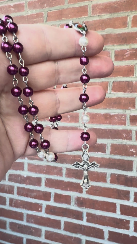 Handmade Sacred Heart Rosary, Handmade Swarovski Maroon White Pearl Rosary Vatican Blessed Rosary, Heirloom Prayer Beads