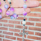 Handmade Cat Eye Color Shift  and White Swarovski Pearl Infant of Prague Rosary  (Light Pink & Blue)
