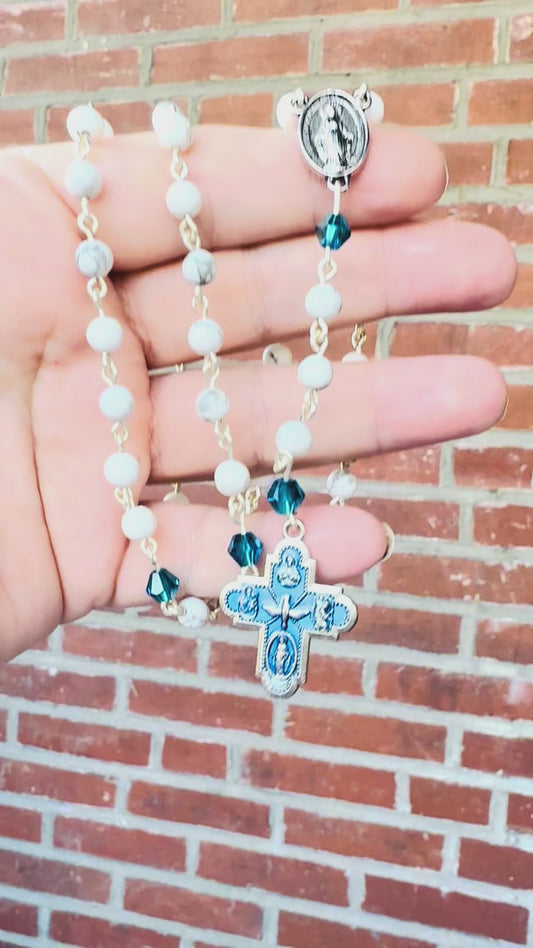 Handmade White Howlite Crystal And Blue Swarovski Rosary