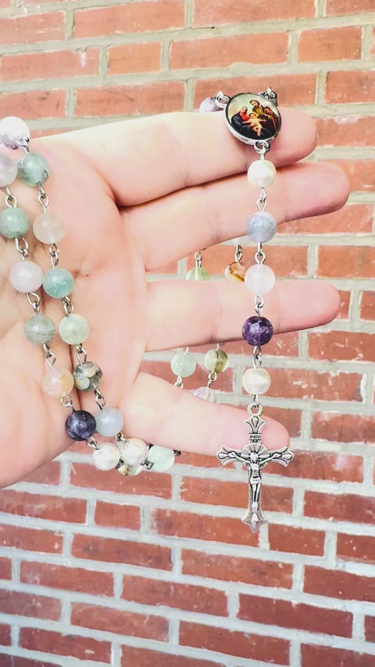 Handmade Natural Fluorite Beaded Rosary with Swarovski Pearl Our Father Beads; Holy Family Rosary